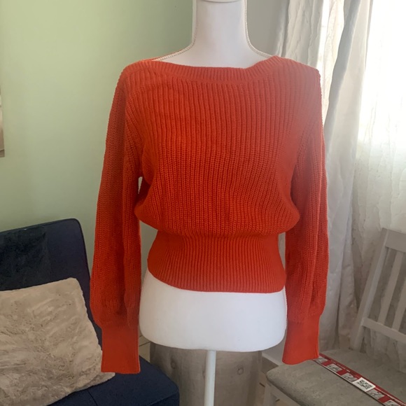 H&M Sweaters - H&M Orange Chunky Knit Boat Neck Long Balloon Sleeve Cropped Pullover Sweater